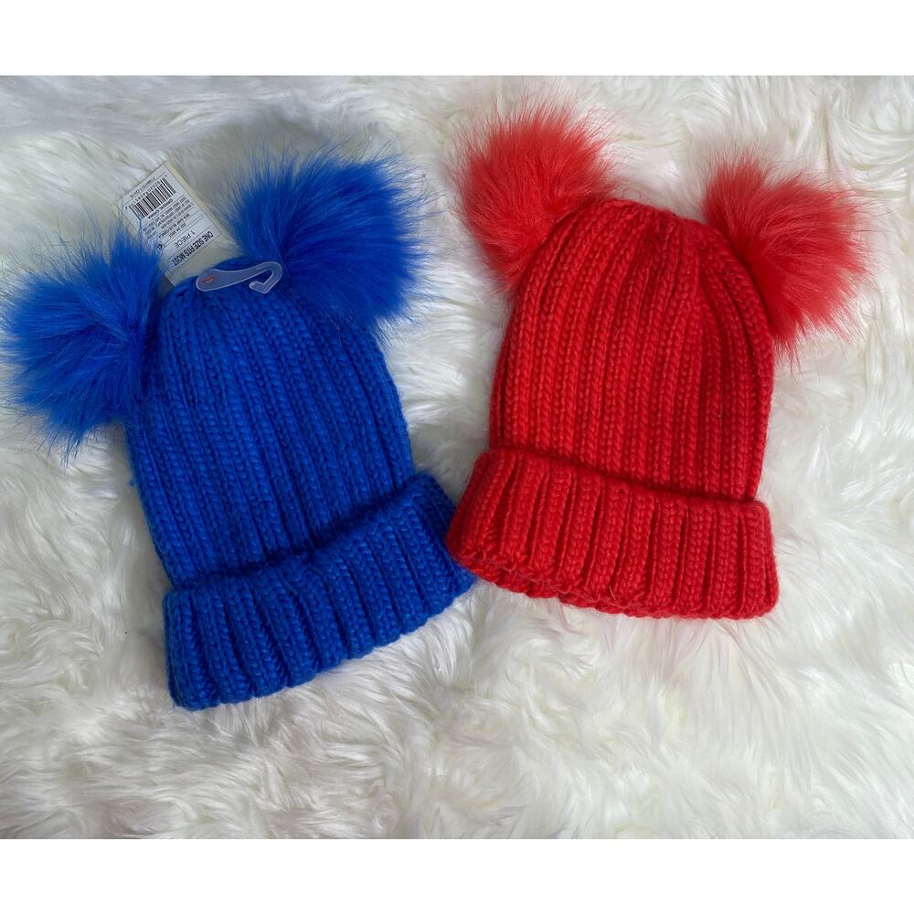 Beanie Pom Ears Red & Blue Cold Weather Knit Stretch Winter Vacation Hats